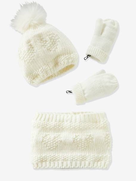 Hearts Beanie + Snood + Gloves Set for Girls Beige - vertbaudet enfant 