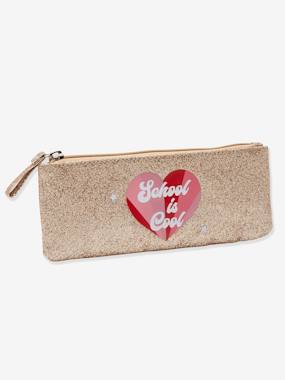 Girls-Pencil Case with Glitter & 'School is Cool' Heart, for Girls