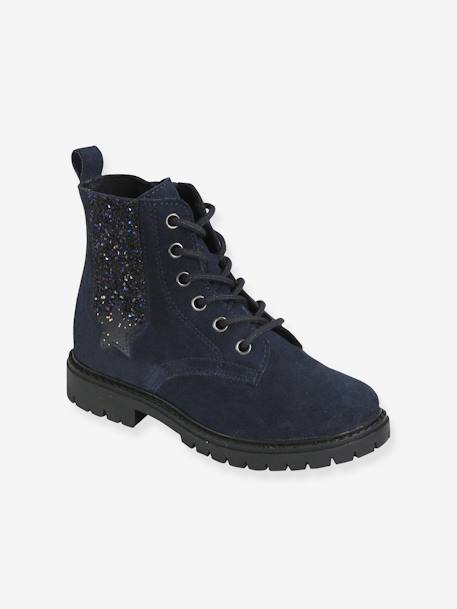 Leather Boots with Laces, Zip & Elastic, for Girls Dark Blue - vertbaudet enfant 
