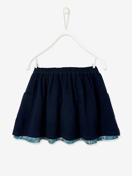 Jupe réversible fille en gaze de coton et imprimé fleurs marine reversible vert imprmé - vertbaudet enfant 
