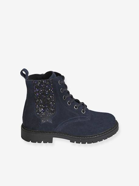 Leather Boots with Laces, Zip & Elastic, for Girls Dark Blue - vertbaudet enfant 