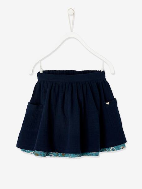 Jupe réversible fille en gaze de coton et imprimé fleurs marine reversible vert imprmé - vertbaudet enfant 