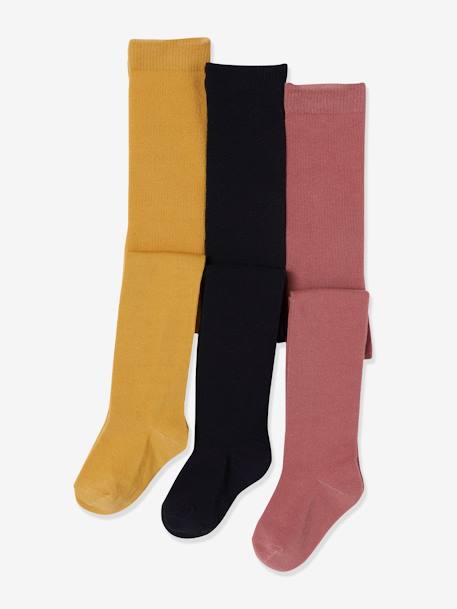 Pack of 3 Pairs of Tights for Girls BLUE DARK TWO COLOR/MULTICOL+dusky pink+Grey+Light Yellow+mustard - vertbaudet enfant 