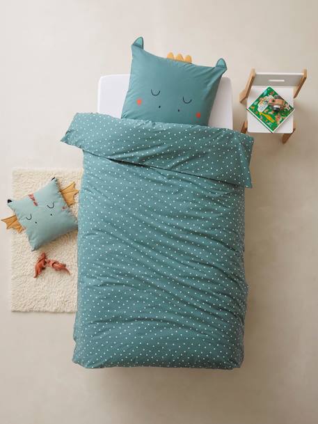 ORGANIC* Duvet Cover + Pillowcase Set, Dragon Dark Green/Print - vertbaudet enfant 