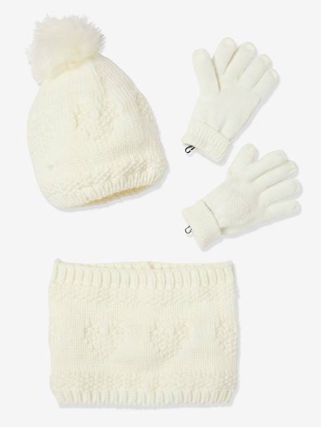 Hearts Beanie + Snood + Gloves Set for Girls Beige - vertbaudet enfant 