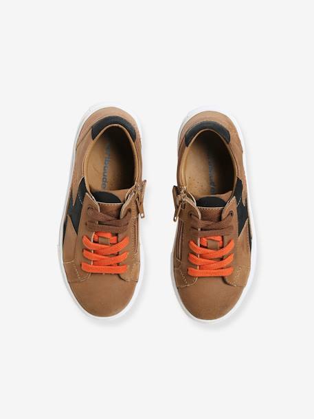 Leather Trainers with Laces & Zip, for Boys Brown - vertbaudet enfant 