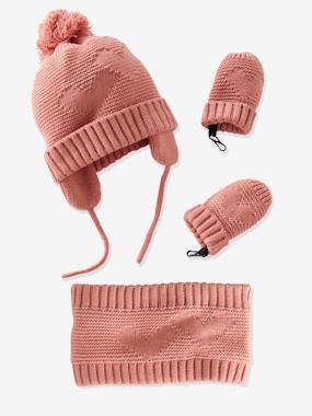 Baby-Accessories-Hats, scarves, gloves-Beanie + Snood + Mittens Set for Baby Girls, Oeko Tex®