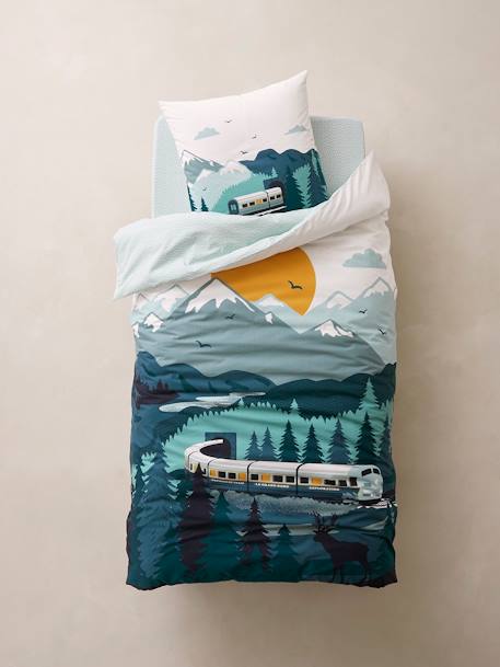 Parure housse de couette enfant et taie d'oreiller SUR LES RAILS vert - vertbaudet enfant 