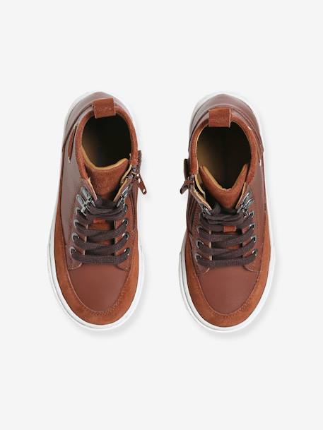 High Top Leather Trainers with Laces & Zip, for Boys Dark Brown - vertbaudet enfant 