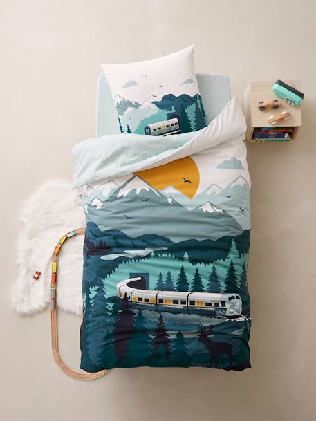 Parure housse de couette enfant et taie d'oreiller SUR LES RAILS vert - vertbaudet enfant 