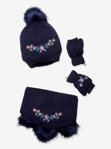 Embroidered Flowers Beanie + Snood + Fingerless Gloves Set for Girls Dark Blue - vertbaudet enfant 