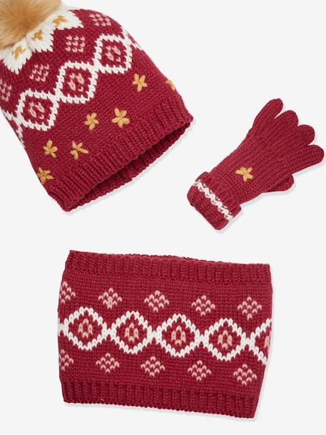 Jacquard Knit Beanie + Snood + Gloves Set for Girls Dark Pink - vertbaudet enfant 