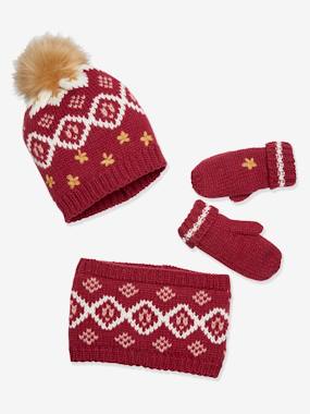 -Jacquard Knit Beanie + Snood + Gloves Set for Girls
