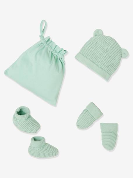 Ensemble bonnet, moufles et chaussons bébé naissance et son sac assorti Oeko-Tex® écru+vert sauge - vertbaudet enfant 