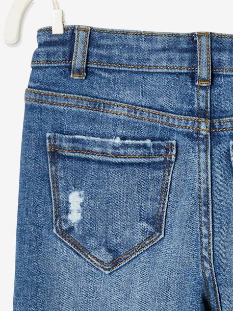 Straight Leg Jeans with Broderie Anglaise Appliqué Distressed Effects, for Girls Denim Blue - vertbaudet enfant 