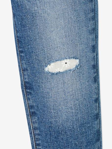 Straight Leg Jeans with Broderie Anglaise Appliqué Distressed Effects, for Girls Denim Blue - vertbaudet enfant 