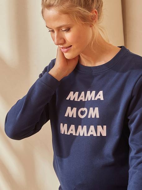 Maternity & Nursing Special Fleece Sweatshirt with Message Dark Blue+GREEN DARK SOLID WITH DESIGN - vertbaudet enfant 
