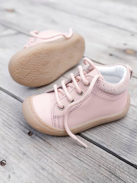 Soft Leather Ankle Boots for Baby Girls, Designed for Crawling Light Pink/Print - vertbaudet enfant 