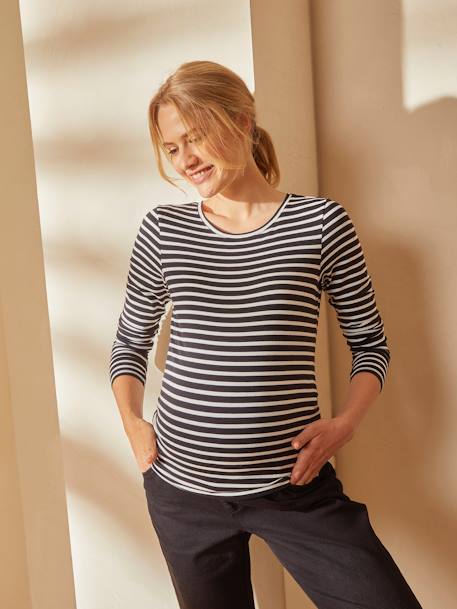 Long-Sleeved Maternity Top Black Stripes+White Stripes - vertbaudet enfant 