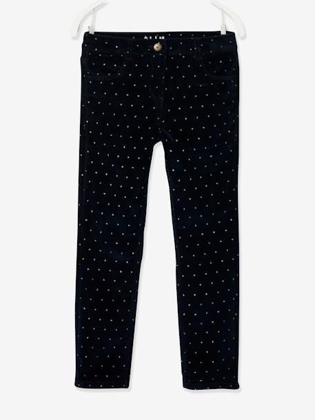 MorphologiK Slim Leg Corduroy Trousers with Iridescent Dots for Girls, Medium Hip Dark Blue/Print+Green/Print - vertbaudet enfant 