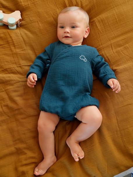 Unisex Bodysuit in Cotton Gauze for Newborn Babies Brown+Dark Blue - vertbaudet enfant 