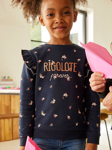 Sweatshirt with Ruffles & Message for Girls BEIGE MEDIUM MIXED COLOR+Dark Blue/Print+navy blue+rosy - vertbaudet enfant 