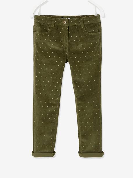 MorphologiK Slim Leg Corduroy Trousers with Iridescent Dots for Girls, Wide Hip Dark Blue/Print+Green/Print - vertbaudet enfant 