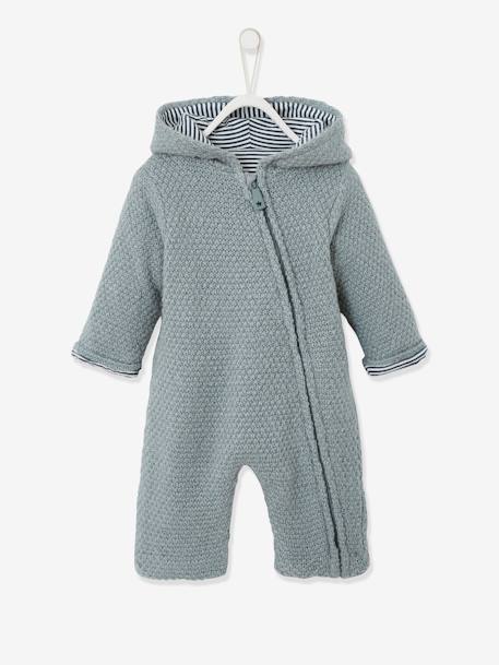 Knitted Jumpsuit for Newborn Babies, Lined BEIGE MEDIUM STRIPED+Light Blue+White Stripes - vertbaudet enfant 