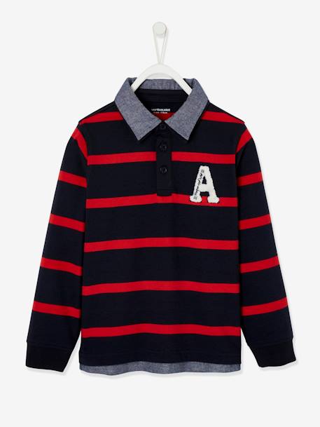 Striped 2-in-1 Effect Polo Shirt, for Boys navy blue+Red Stripes - vertbaudet enfant 
