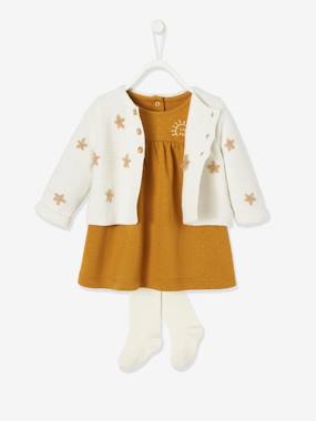 -Embroidered Cardigan + Fleece Dress + Tights Outfit for Babies