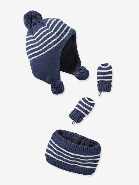 Striped Set, Beanie + Snood + Mittens Set for Baby Boys, Oeko Tex® Blue Stripes - vertbaudet enfant 