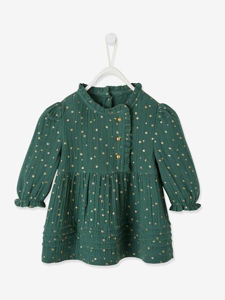 Robe bébé fille en gaze de coton ouverture décalée vert foncé imprimé - vertbaudet enfant 