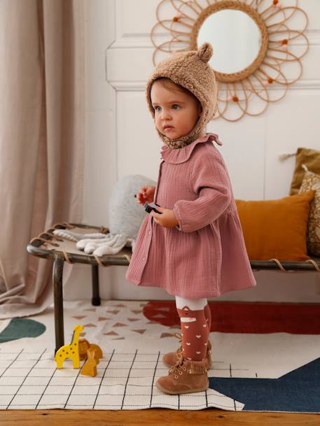 Robe collerette bébé en gaze de coton bois de rose+bronze - vertbaudet enfant 