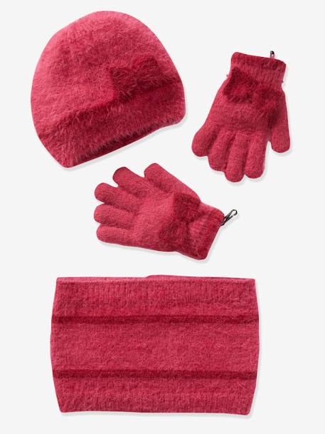 Beanie + Snood + Gloves Set for Girls Dark Pink - vertbaudet enfant 