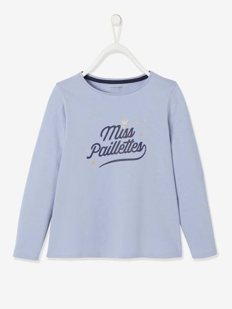 Long Sleeve Top with Iridescent Message for Girls, Oeko-Tex® Blue+BLUE BRIGHT SOLID WITH DESIGN+BLUE LIGHT SOLID WITH DESIGN+GREEN MEDIUM SOLID WITH DESIG+PINK DARK SOLID WITH DESIGN+PINK LIGHT SOLID WITH DESIGN+Red - vertbaudet enfant 