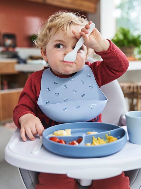 Bib with Spill Pocket in Silicone Dark Blue/Print+Dark Pink - vertbaudet enfant 