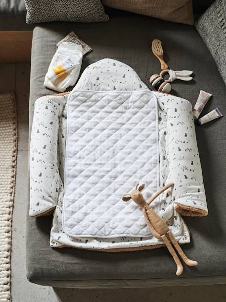 Nid d'ange transformable en tapis à langer peluche beige+beige imprimé+écru+gris souris+kaki+rose imprimé - vertbaudet enfant 