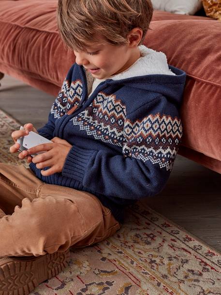 Cardigan in Jacquard Knit with Sherpa Lining for Boys Dark Blue - vertbaudet enfant 