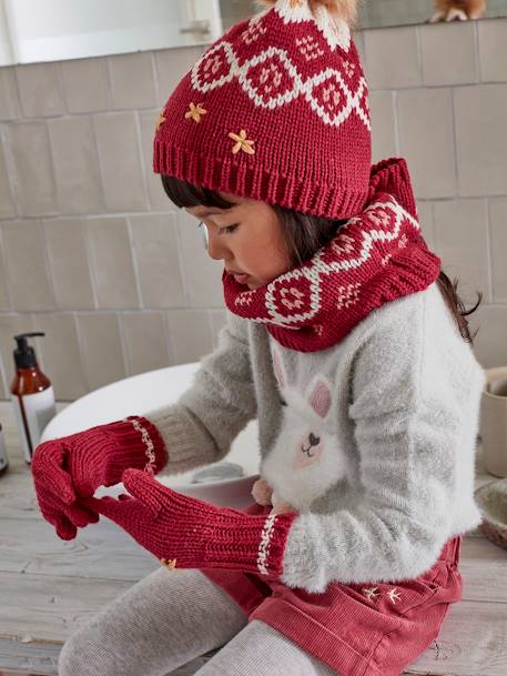 Jacquard Knit Beanie + Snood + Gloves Set for Girls, Oeko-Tex® Dark Pink - vertbaudet enfant 