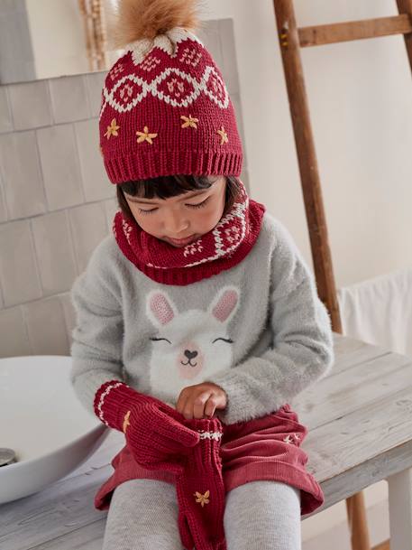 Jacquard Knit Beanie + Snood + Gloves Set for Girls Dark Pink - vertbaudet enfant 
