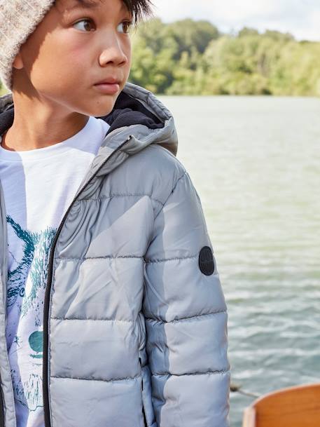 Vertbaudet Padded Jacket with Polar Fleece Lined Hood, Reflective Effect & Recycled Fibre Padding for Boys Grey