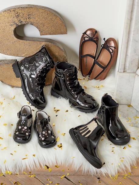 Lace-Up Ankle Boots for Girls Black+BROWN MEDIUM METALLIZED+PURPLE DARK ALL OVER PRINTED - vertbaudet enfant 