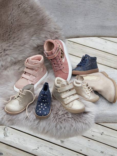 Soft Leather Ankle Boots for Baby Girls, Designed for Crawling Gold+printed blue - vertbaudet enfant 