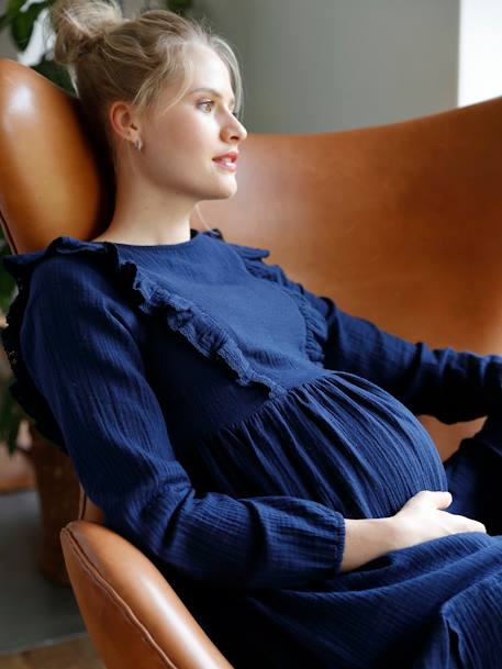 Cotton Gauze Dress, Maternity & Nursing Special - dark blue