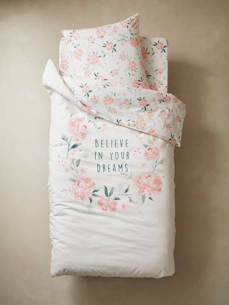 Parure housse de couette enfant et taie d'oreiller EAU DE ROSE écru / rose - vertbaudet enfant 