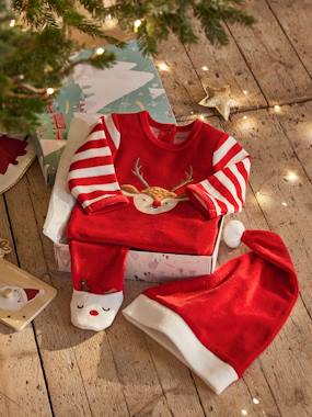 Baby-Pyjamas & Sleepsuits-Christmas Gift Set for Babies: Velour Sleepsuit + Beanie