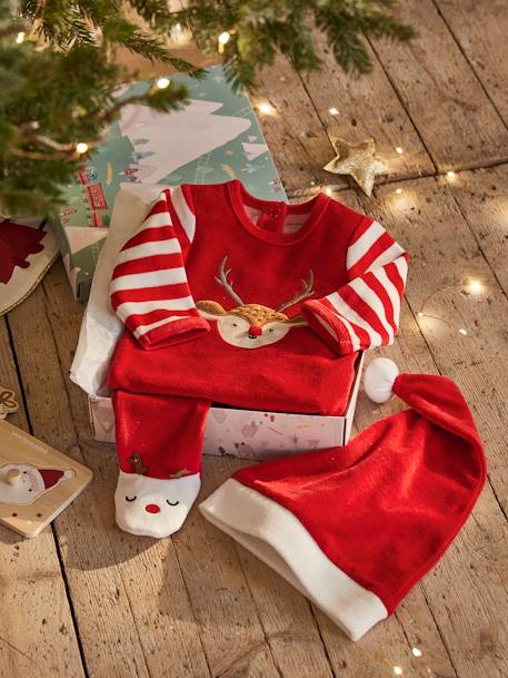 Christmas Gift Set for Babies: Velour Sleepsuit + Beanie Dark Red - vertbaudet enfant 