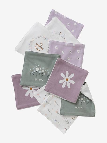 Pack of 10 Washable Wipes BROWN MEDIUM ALL OVER PRINTED+PURPLE LIGHT ALL OVER PRINTED+White/Green/Print - vertbaudet enfant 