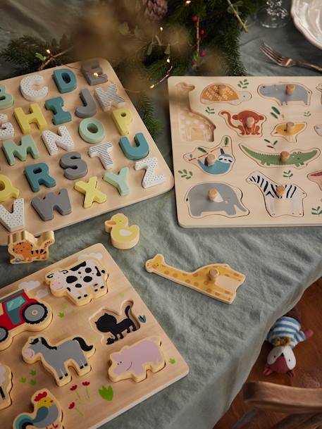 Puzzle lettres à encastrer en bois FSC® multicolore+ROSE CLAIR UNI AVEC DECOR - vertbaudet enfant 