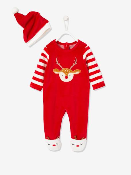 Christmas Gift Set for Babies: Velour Sleepsuit + Beanie Dark Red - vertbaudet enfant 